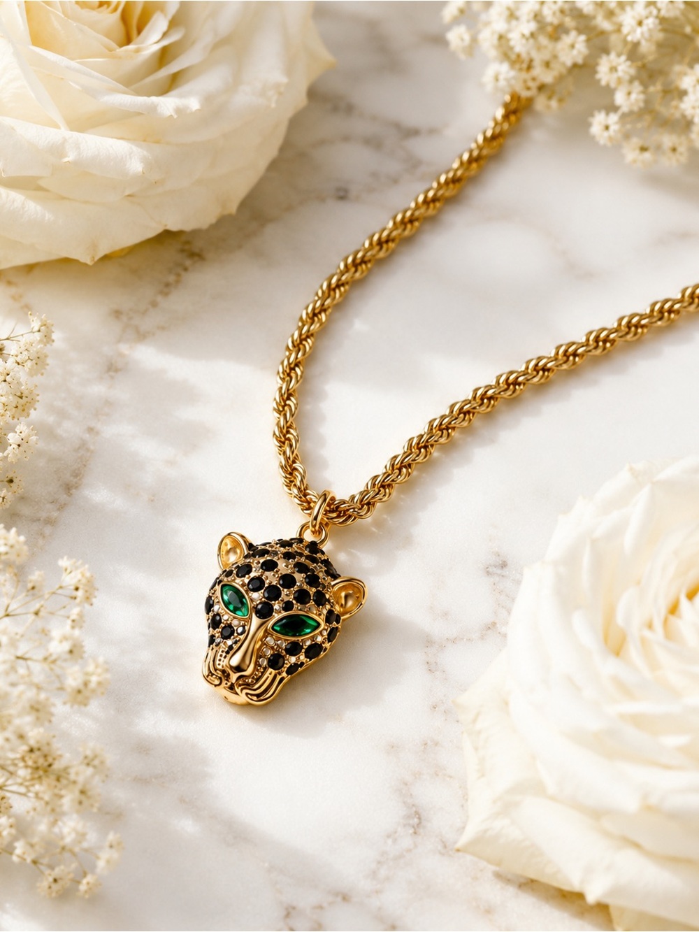 Gold Leopard Head Pendant Necklace with Black Stones and Green Eyes - Picture 2 of 4